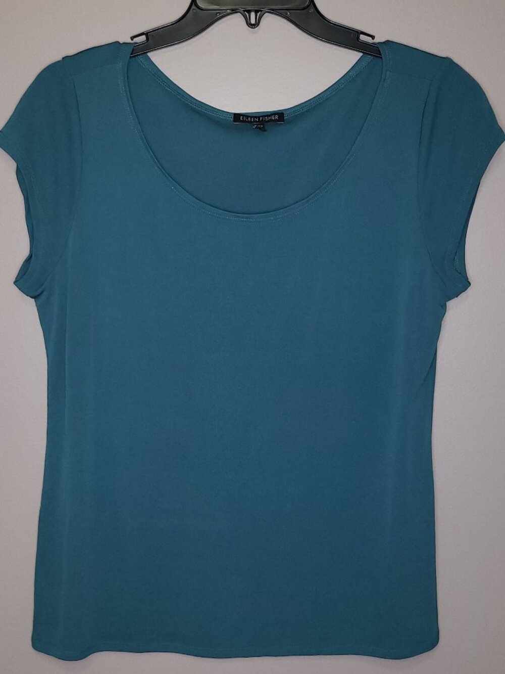 Eileen Fisher Teal Silk Scoop Neck Cap Sleeve Stretch Top Size M Relax Layering